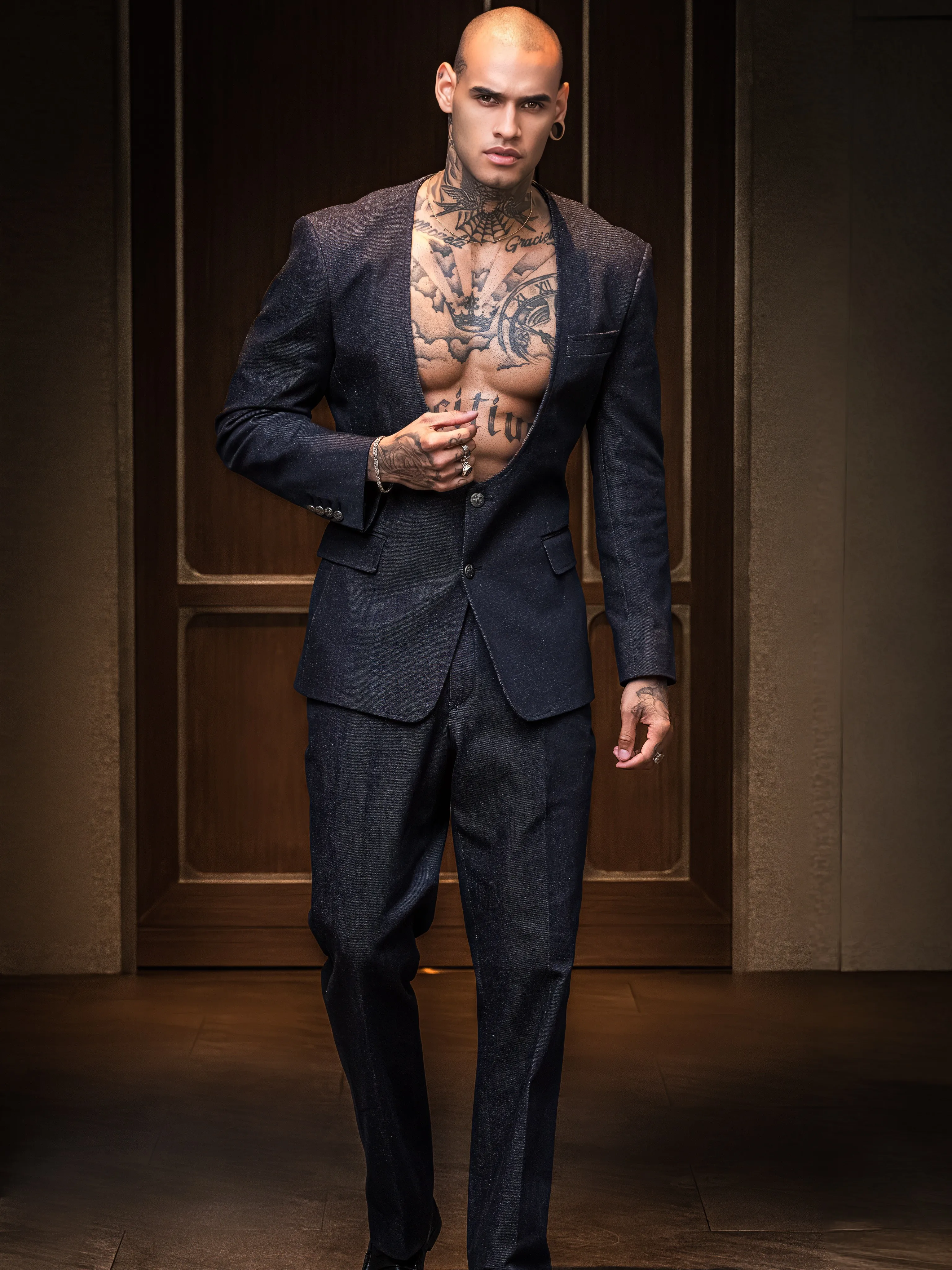 Black suit worn open