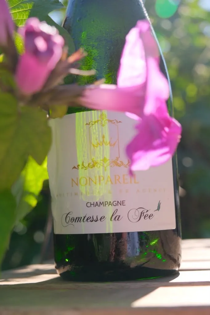 Comtesse la Fée bottle beside a hibiscus