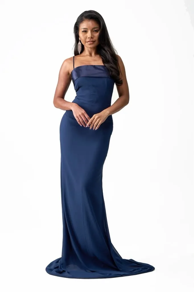 Navy column gown with a train