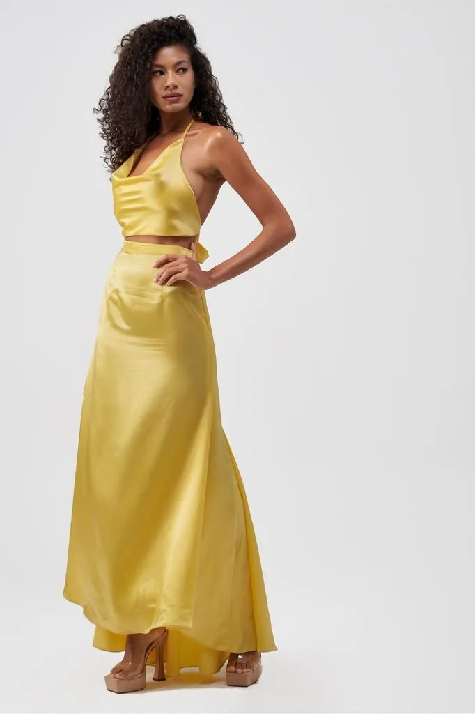 Yellow silk halter gown