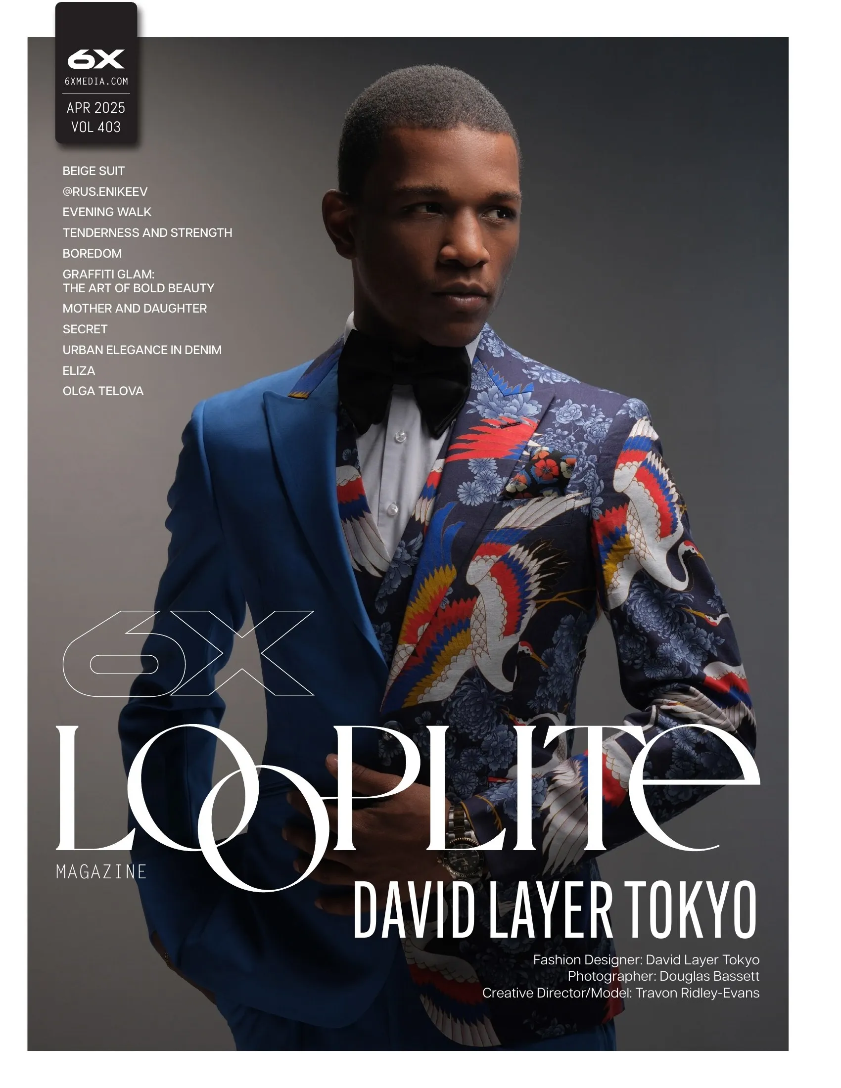 Looplite Magazine, April 2025 cover, Travon Ridley-Evans in a crane-print jacket by David Layer Tokyo