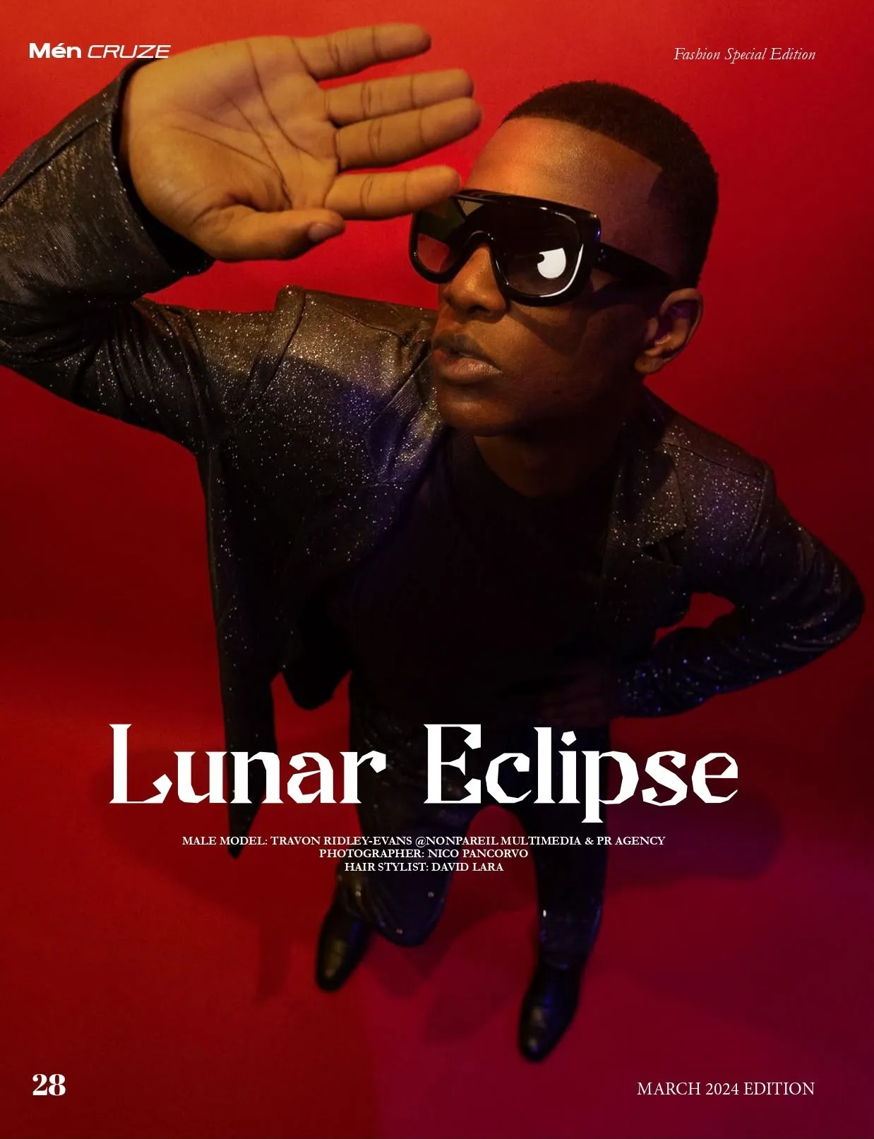 Mén Cruze, Lunar Eclipse, Travon Ridley-Evans in oversized sunglasses on red