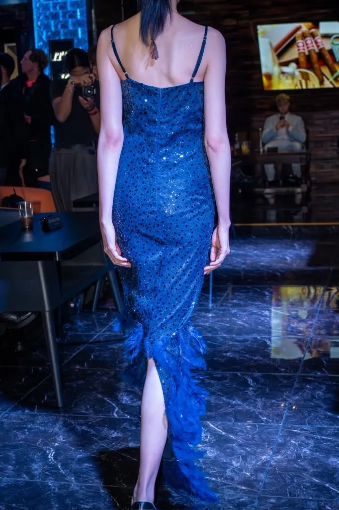 Blue feathered gown on the runway, Tokyo