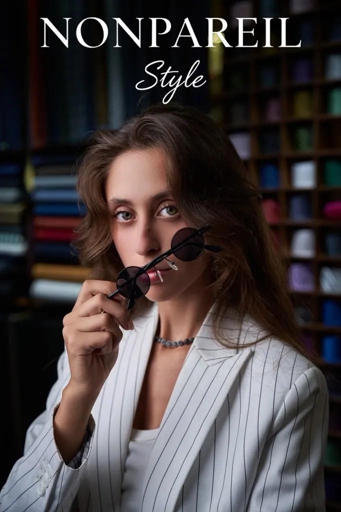 Sunglasses campaign, white pinstripe suit