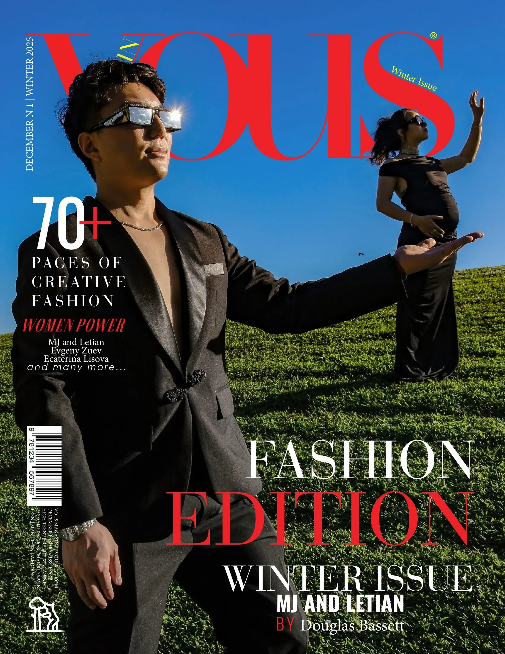 Vous Magazine Spain, December 2025 cover, MJ and Letian dressed by NONPAREIL