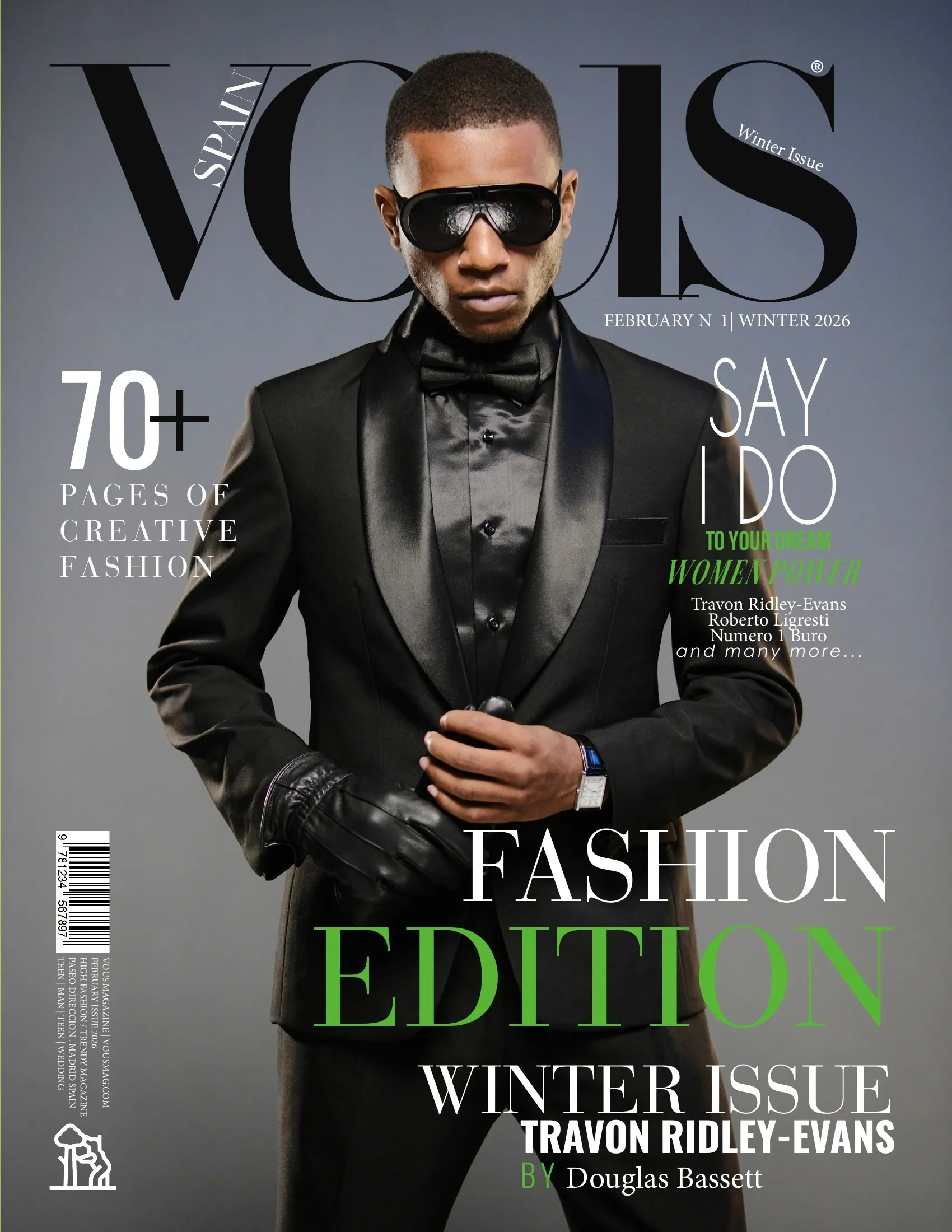 Vous Magazine Spain, February 2026 cover, Travon Ridley-Evans in a black tuxedo
