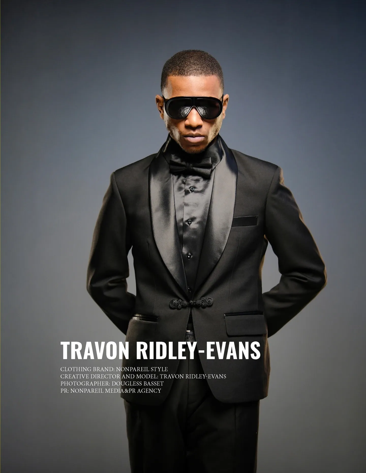 Travon Ridley-Evans in a black tuxedo and leather gloves